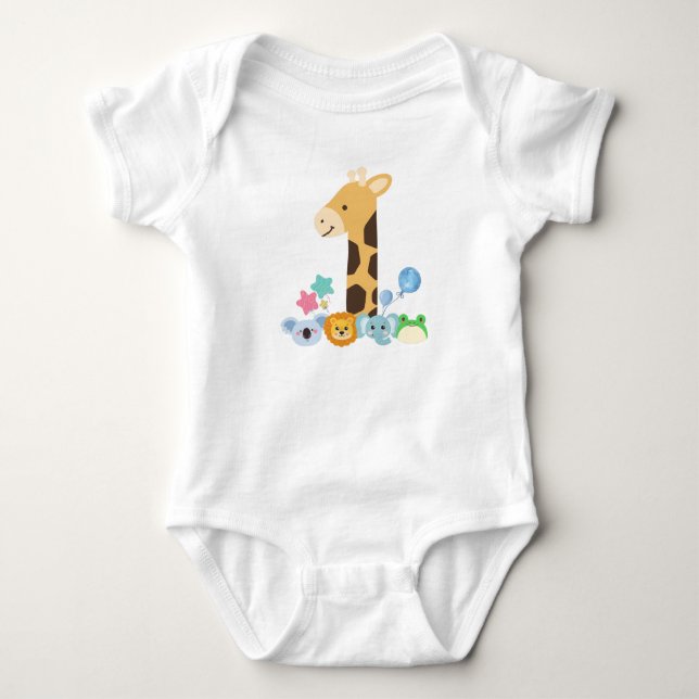 My First Birthday. Giraffe and Happy Animals Desig Baby Bodysuit (Front)