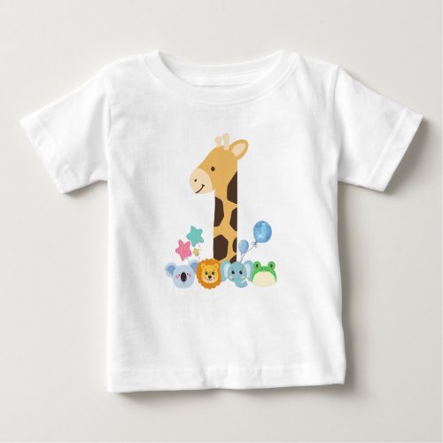 My First Birthday Giraffe and Happy Animals Desig Baby T_Shirt