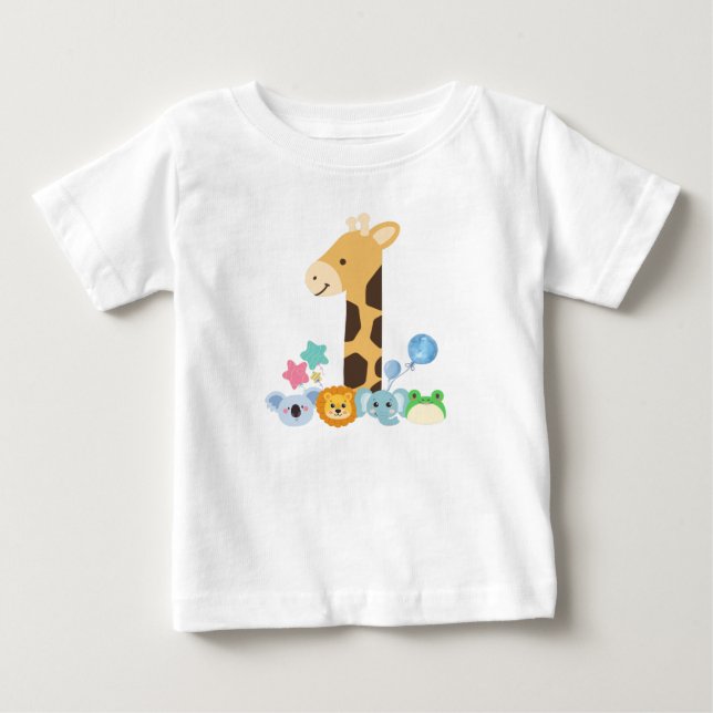 My First Birthday. Giraffe and Happy Animals Desig Baby T-Shirt (Front)