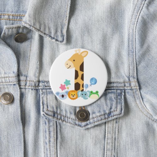 My First Birthday Giraffe and Happy Animals Desig Button