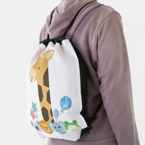 My First Birthday Giraffe and Happy Animals Desig Drawstring Bag