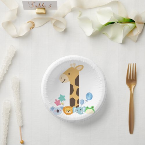 My First Birthday Giraffe and Happy Animals Desig Paper Bowls