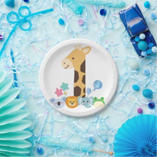 My First Birthday Giraffe and Happy Animals Desig Paper Plates