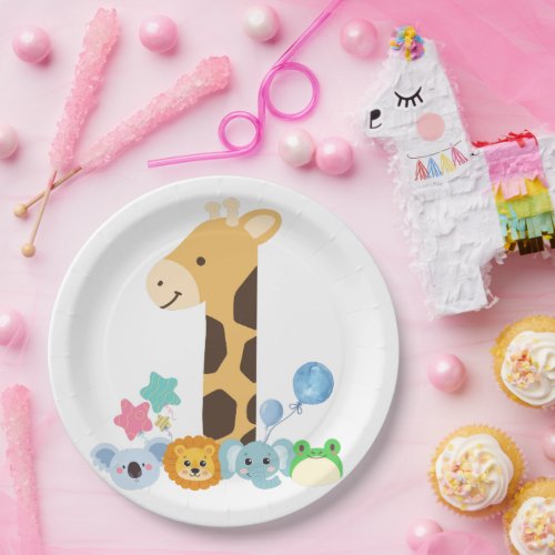 My First Birthday Giraffe and Happy Animals Desig Paper Plates