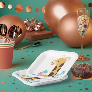 My First Birthday. Giraffe and Happy Animals Desig Paper Plates
