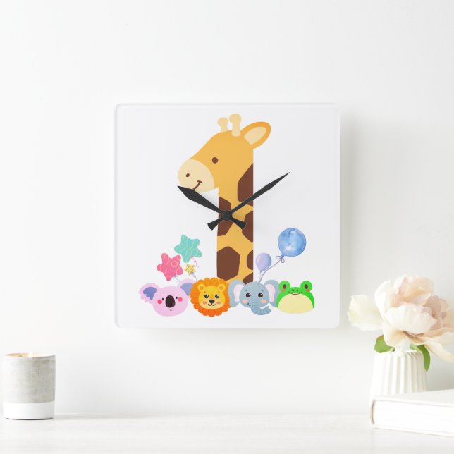 My First Birthday. Giraffe and Happy Animals Desig Square Wall Clock (Home)