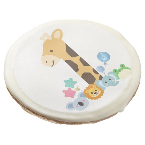 My First Birthday Giraffe and Happy Animals Desig Sugar Cookie