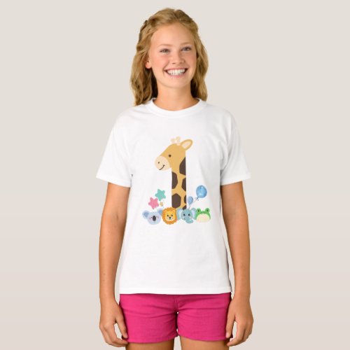 My First Birthday Giraffe and Happy Animals Desig T_Shirt