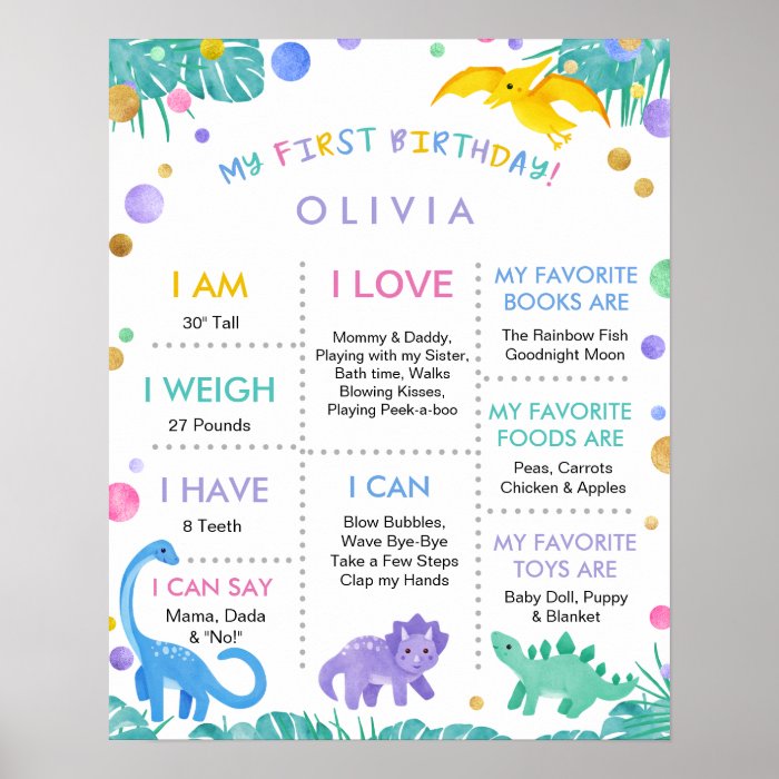 My First Birthday Girl 1 Year Old Dinosaur Sign