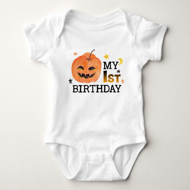 My First Birthday Pumpkin Halloween Fall Autumn Baby Bodysuit (Front)