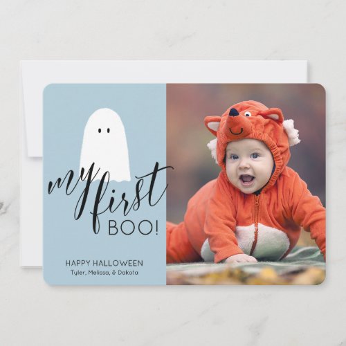 My First Boo Cute Ghost Photo Halloween Blue Holiday Card