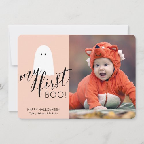 My First Boo Cute Ghost Photo Halloween Peach Holiday Card