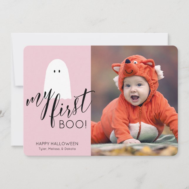 My First Boo Cute Ghost Photo Halloween Pink Holid Holiday Card (Front)