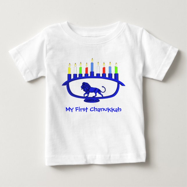 My First Chanukkah Blue Lion Menorah Baby T-Shirt (Front)