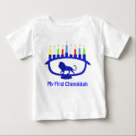 My First Chanukkah - Blue Lion Menorah Baby T-Shirt<br><div class="desc">Chag sameach! A lion-themed Chanukkah menorah,  all the candles have been lit.  Customizable text reading "My First Chanukkah" also appears.</div>
