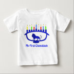 My First Chanukkah - Blue Lion Menorah Baby T-Shirt<br><div class="desc">Chag sameach! A lion-themed Chanukkah menorah,  all the candles have been lit.  Customizable text reading "My First Chanukkah" also appears.</div>