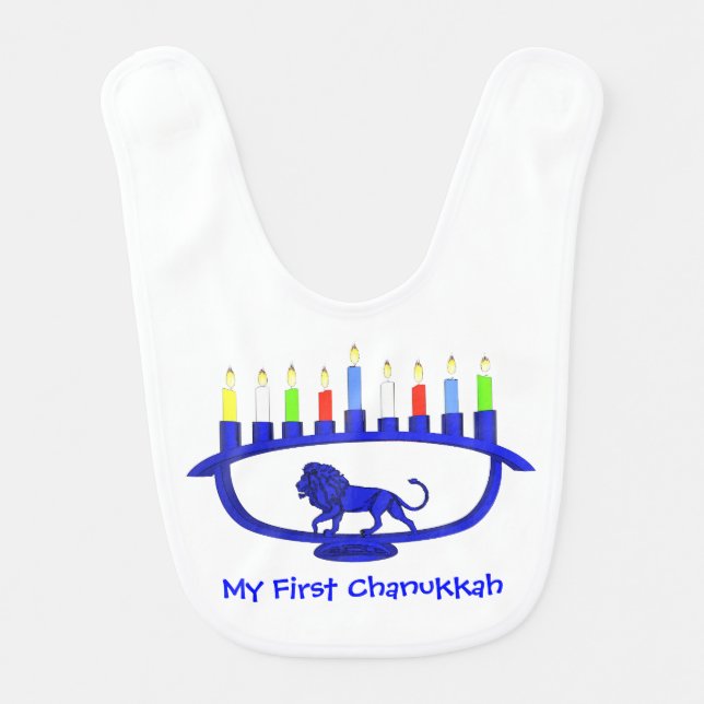 My First Chanukkah Blue Lion Menorah Bib (Front)