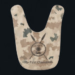 My First Chanukkah - Desert Baby Bib<br><div class="desc">A military brown "subdued" style depiction of a Maccabee's shield and two spears on a desert camo background. The shield is adorned by a lion and text reading "Yisrael" (Israel) in the Paleo-Hebrew alphabet. Text reading "My First Chanukkah" also appears. On the reverse side a similarly "subdued" flag of Israel...</div>