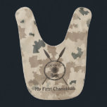 My First Chanukkah - Desert Baby Bib<br><div class="desc">A military brown "subdued" style depiction of a Maccabee's shield and two spears on a desert camo background. The shield is adorned by a lion and text reading "Yisrael" (Israel) in the Paleo-Hebrew alphabet. Text reading "My First Chanukkah" also appears. On the reverse side a similarly "subdued" flag of Israel...</div>