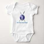 My First Chanukkah Maccabee Baby Bodysuit<br><div class="desc">A depiction of a Maccabee's shield and two spears. The shield is adorned by a lion and text reading "Yisrael" (Israel) in the Paleo-Hebrew alphabet. Customizable text reading "My First Chanukkah" also appears. The Maccabees were Jewish rebels who freed Judea from the yoke of the Seleucid Empire. Chanukkah is not...</div>