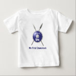 My First Chanukkah - Maccabee Shield And Spears Baby T-Shirt<br><div class="desc">Chag Sameach! A depiction of a Maccabee's shield and two spears. The shield is adorned by a lion and text reading "Yisrael" (Israel) in the Paleo-Hebrew alphabet. Customizable text reading, "My First Chanukkah" also appears. The Maccabees were Jewish rebels who freed Judea from the yoke of the Seleucid Empire. Chanukkah...</div>
