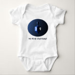 My First Chanukkah Shiny Blue Dreidel Baby Bodysuit<br><div class="desc">A modernistic,  metallic blue dreidel against a dark,  night-like background.  Two of the Hebrew letters found on a dreidel,  nun and shin,  glow brightly. Customizable text reading "My First Chanukkah" also appears. Chanukkah is the mid-winter "Festival of Lights."</div>