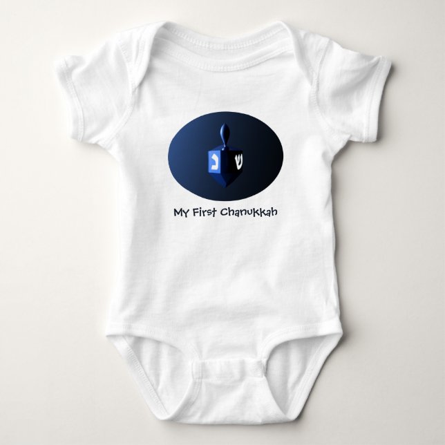 My First Chanukkah Shiny Blue Dreidel Baby Bodysuit (Front)