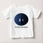 My First Chanukkah Shiny Blue Dreidel Baby T-Shirt<br><div class="desc">A modernistic,  metallic blue dreidel against a dark,  night-like background.  Two of the Hebrew letters found on a dreidel,  nun and shin,  glow brightly. Customizable text reading "My First Chanukkah" also appears. Chanukkah is the mid-winter "Festival of Lights."</div>