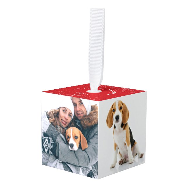My First Christmas 4 Pet Photos Holiday  Cube Ornament (Front Angled)