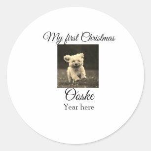 My first Christmas add pet name date year photo Classic Round Sticker