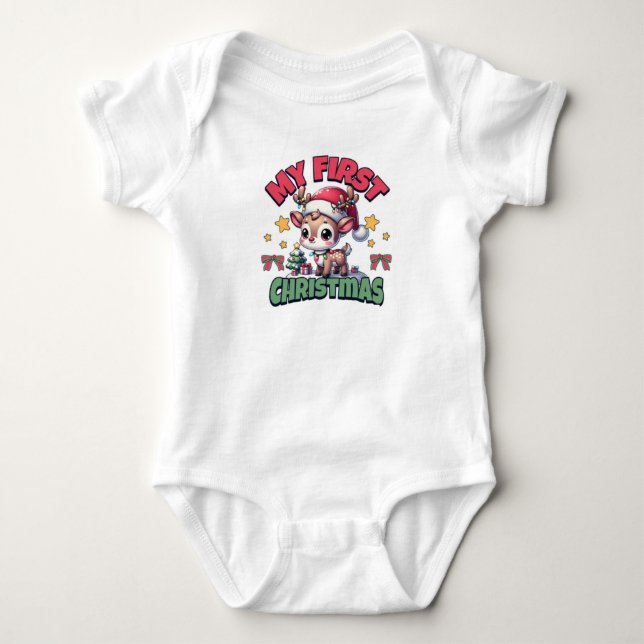 My First Christmas - Adorable Baby Reindeer Design Bodysuit (Front)