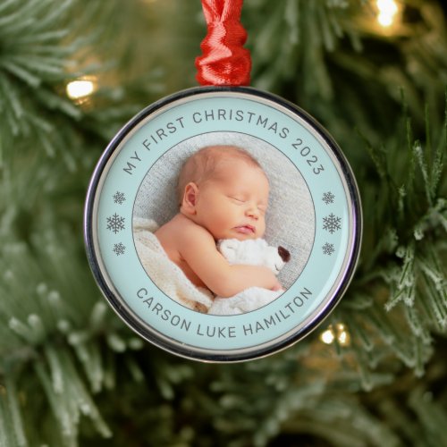 My First Christmas Aqua Personalized Baby Photo Metal Ornament