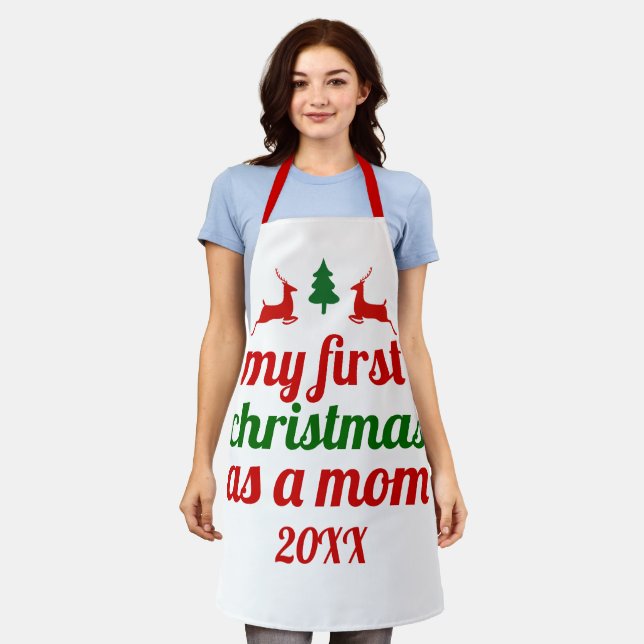 "My first Christmas as a mom" green tree red deer Apron (Worn)