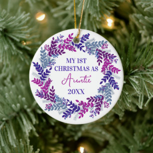 My First Christmas as Auntie Year Purple Wreath Ceramic Ornament