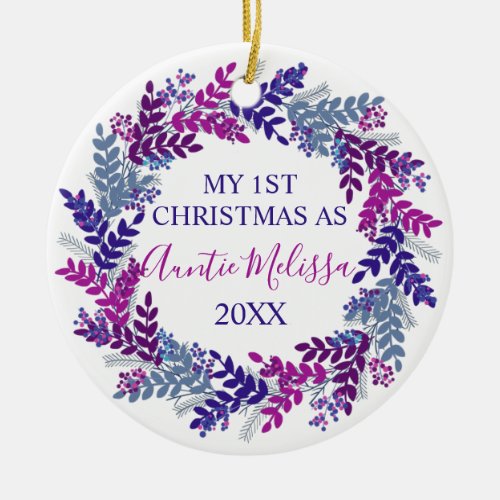 My First Christmas as Auntie Year Purple Wreath Ceramic Ornament