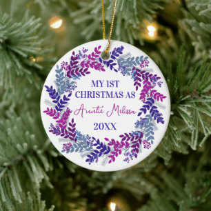 My First Christmas as Auntie Year Purple Wreath Ceramic Ornament