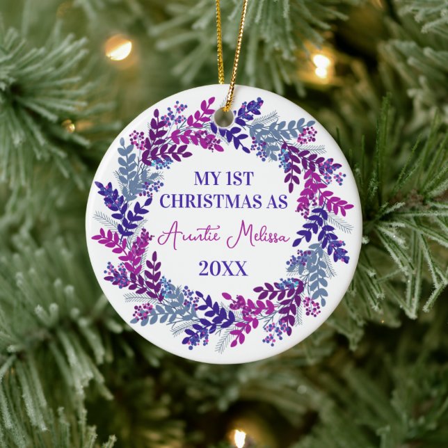 My First Christmas as Auntie Year Purple Wreath Ceramic Ornament (Tree)