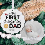 My first Christmas as dad name and photo Ornament Card<br><div class="desc">Show your happiness for your first Christmas as a dad with this lovely first Christmas ornament decorated with a red Santa hat,  holly leaves,  and colorful Christmas lights. Easily customizable with your baby's name and date of birth and one of your favorite pictures on the reverse.</div>