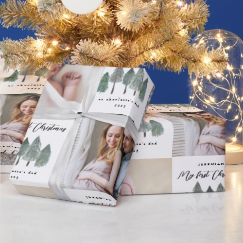 My First Christmas as Dad Photo Collage Pine Trees Wrapping Paper