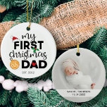 My first Christmas as dad with name and photo Ceramic Ornament<br><div class="desc">Show your happiness for your first Christmas as a dad with this lovely first Christmas ornament decorated with a red Santa hat,  holly leaves,  and colorful Christmas lights. Easily customizable with the baby's name and date of birth and one of your favorite pictures on the reverse.</div>