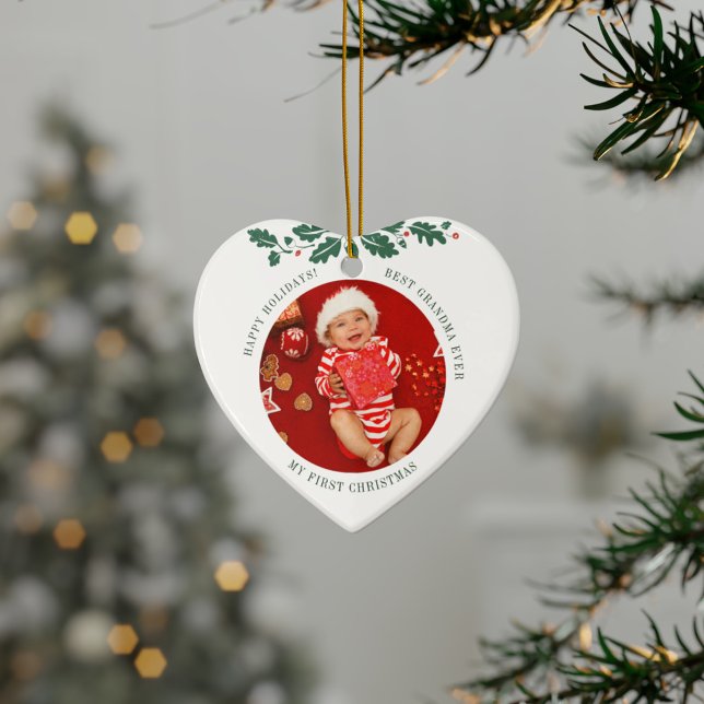 My First Christmas as Grandma Baby and Mom Photo Ceramic Ornament (First Baby Christmas Photo Heart Ceramic Ornament)