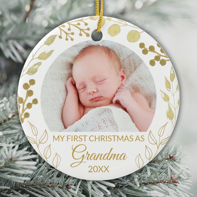 My First Christmas As Grandma Gold Foliage Photo Ceramic Ornament (Creator Uploaded)