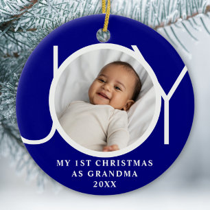 My First Christmas As Grandma Joy Photo Blue Ceramic Ornament