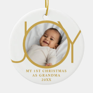 My First Christmas As Grandma Joy Photo Gold White Ceramic Ornament