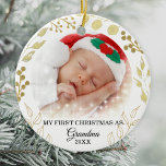 My First Christmas As Grandma Photo Gold Foliage Ceramic Ornament<br><div class="desc">This elegant Grandma Christmas Ornament is decorated with gold foliage on a white background.
Easily customizable with your baby's photo and year.
Please note that the small white stars are not included in the design.
Original Watercolor © Michele Davies.</div>
