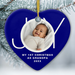 My First Christmas As Grandpa Photo Joy Blue Ceramic Ornament
