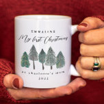 My First Christmas as Mom Photo Pine Trees Coffee Mug<br><div class="desc">This rustic holiday mug features my first Christmas as mom typography with pretty script and one photo. Your custom names and personalized year are included. At the center are beautiful painted pine trees. A sweet holiday gift for a special mother. Shop this store for coordinating tshirt,  ornaments,  and more!</div>