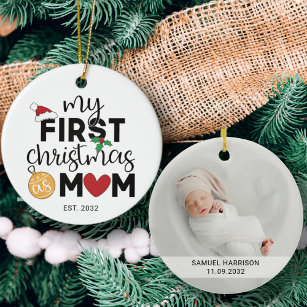 My first Christmas as mom with name and photo Ceramic Ornament