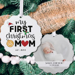 My first Christmas as mom with name and photo Ornament Card<br><div class="desc">Show your happiness for your first Christmas as a mom with this lovely first Christmas ornament decorated with a red Santa hat,  holly leaves,  and colorful Christmas lights. Easily customizable with your baby's name and date of birth and one of your favorite pictures on the reverse.</div>