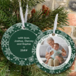 My First Christmas as | Photo Green Snowflake Ceramic Ornament<br><div class="desc">My First Christmas ornament personalized with your photo and custom text. This holiday ornament is green and decorated with white snowflakes. It is lettered with "my first christmas as great grandma" and you are welcome to edit "as great grandma" to wording of your choice. The back has more snowflakes and...</div>